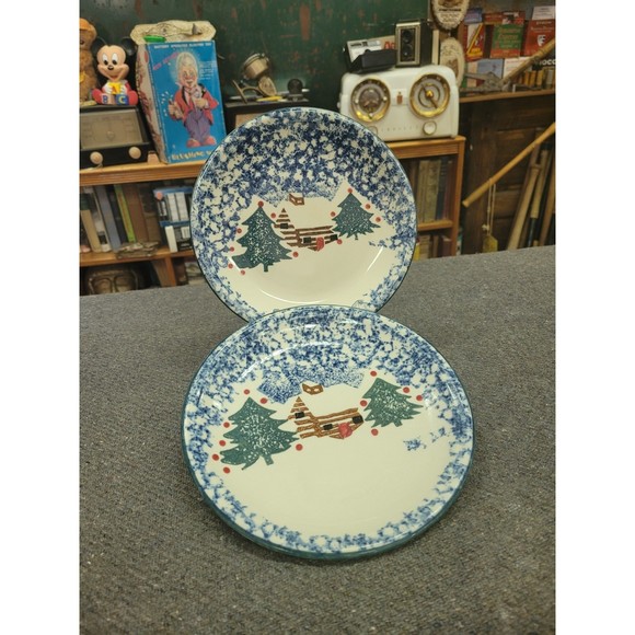 Folk Craft Tienshan Cabin in the Snow Salad Plates 7-5/8" Set of 2 Christmas - Picture 1 of 7
